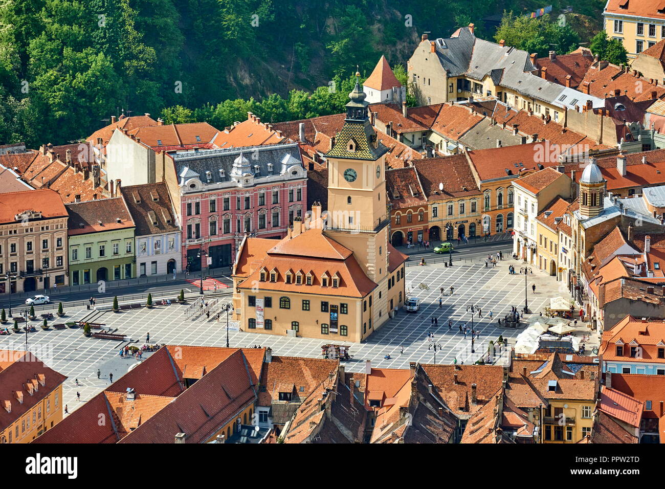 Aerial View Of The Brasov Old Town Transylvania Romania Stock Photo aerial-view-of-the-brasov-old-town-transylvania-romania-stock-photo