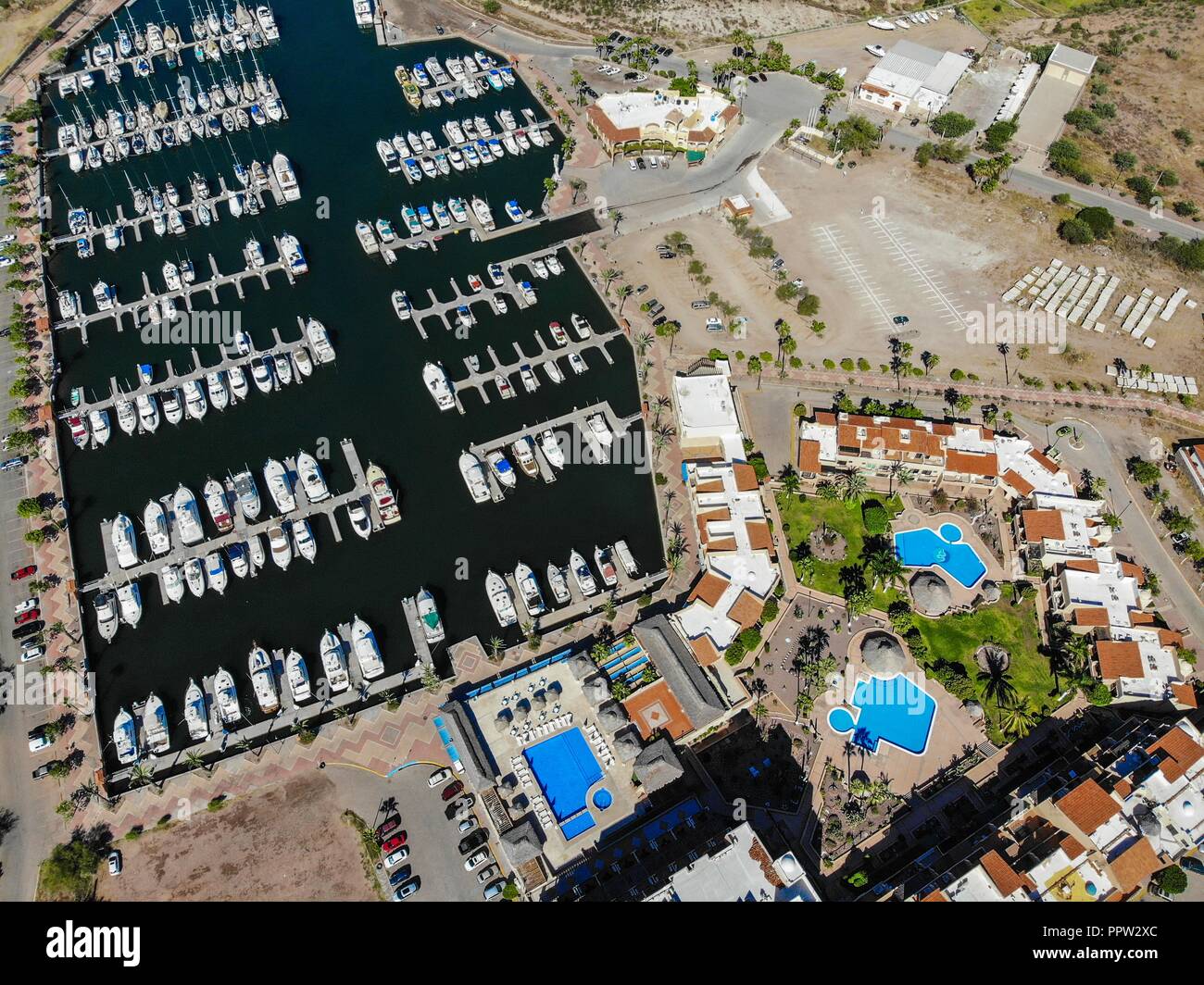 Aerial view of MarinaTerra Hotel \u0026 Spa, yacht pier, boats, Tetakahui bay  near the desert in San Carlos, Sonora, Mexico. Gulf of California. Sea of  ??C Stock Photo - Alamy, image size:1300x1064