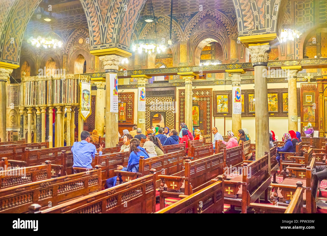 CAIRO, EGYPT - DECEMBER 23, 2017: The interior of the Hanging Church is a fine example of Coptic medieval architectural style with painted walls and i Stock Photo