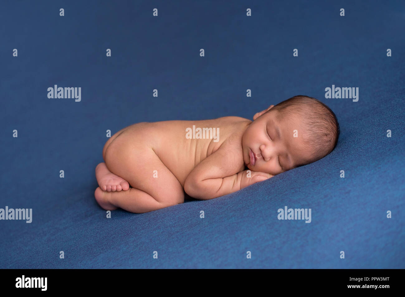 Nine day old newborn baby boy sleeping on his stomach. Shot in the studio on denim blue fabric. Stock Photo