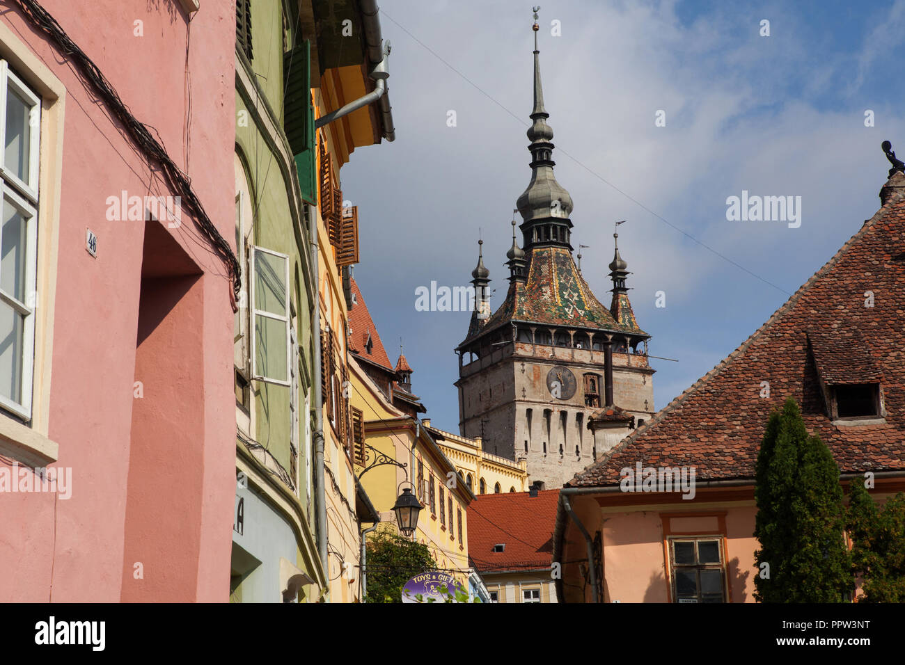The Clock Tower in the old town of Sighsoara, Romania Stock Photo