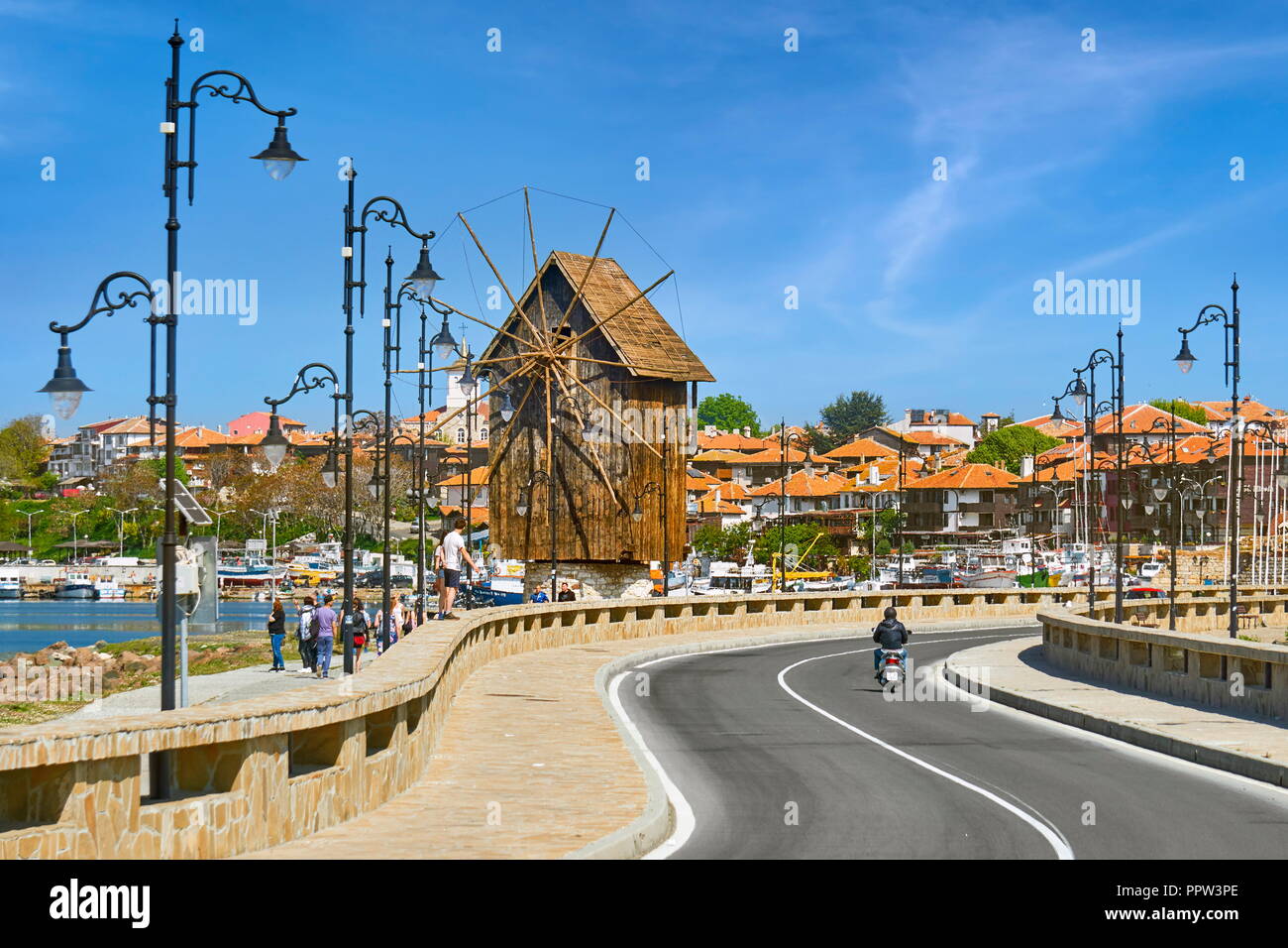Wooden windmill, Nesebar old town, Bulgaria Stock Photo