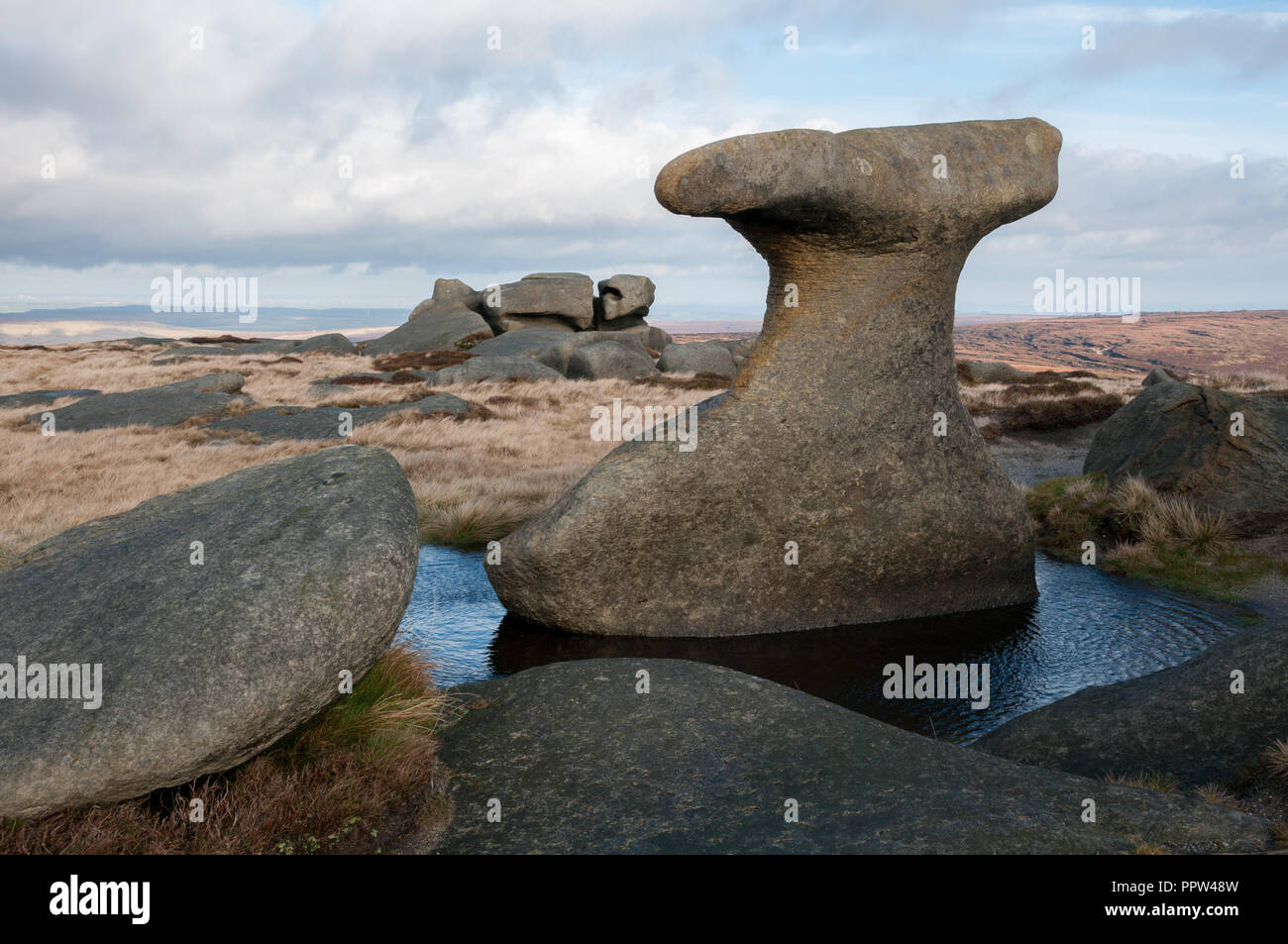 Bleaklow Stones with 'The Anvil' in the foreground, Peak District, UK Stock Photo