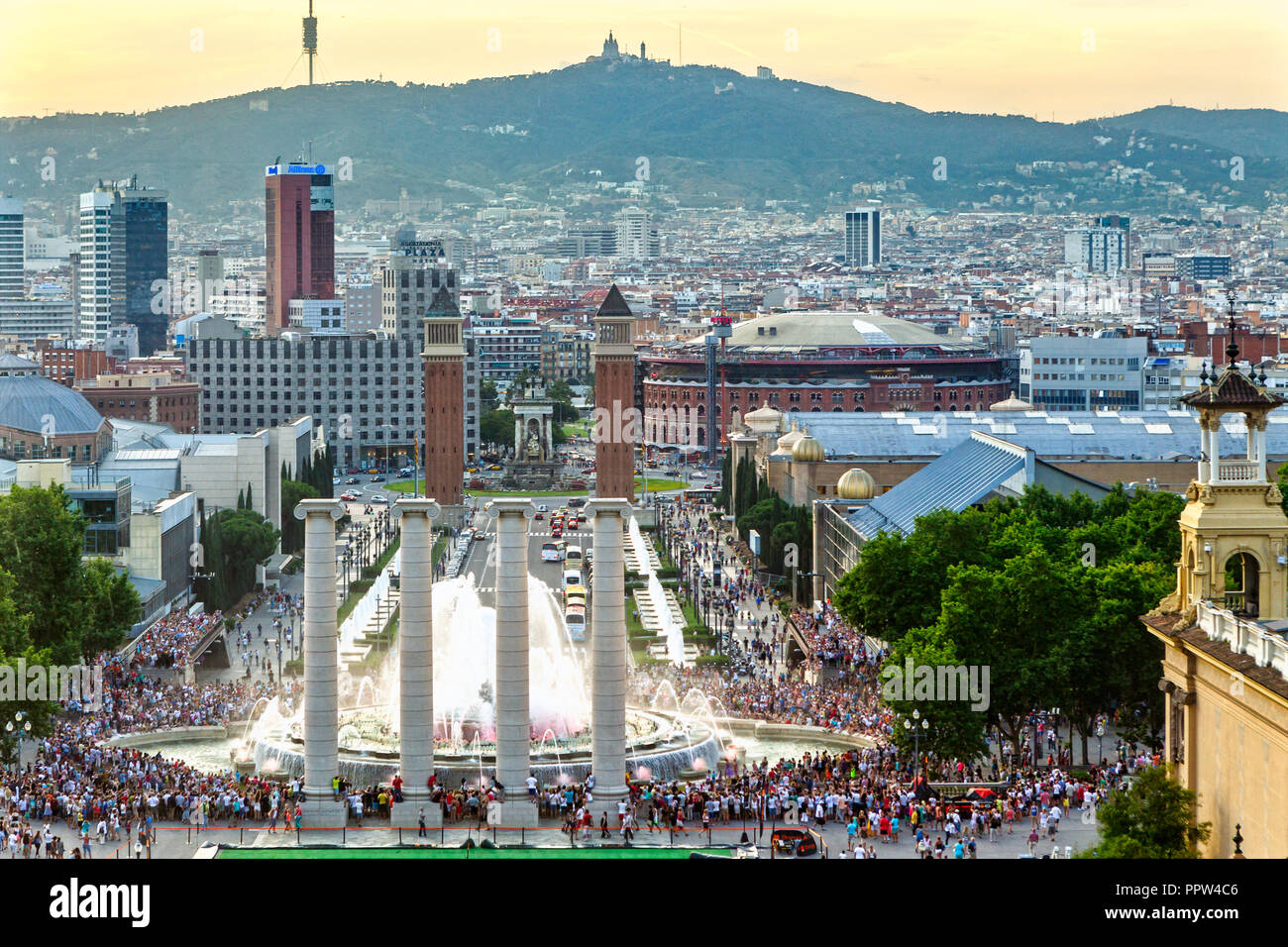 BARCELONA, SPAIN - JUNE 12 2014: View along street towards square Placa d Espanya and Venetian towers in Barcelona. Stock Photo