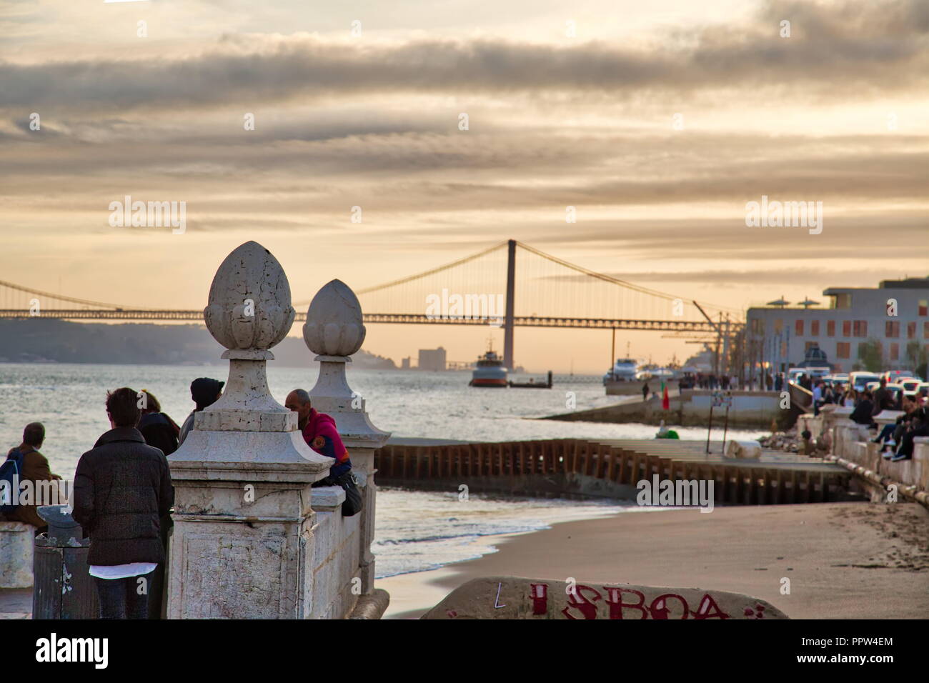 Lisbon, Portugal-20 October, 2017: Famous 25 of April Bridge view from Commerce Plaza of Lisbon Stock Photo