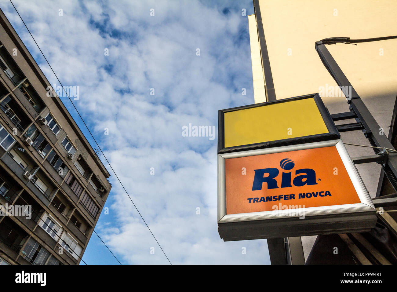 BELGRADE, SERBIA - SEPTEMBER 27, 2018: Ria logo on their main exchange office for Belgrade. Ria is an American financial services company specialized  Stock Photo