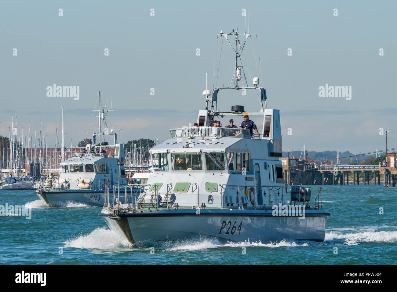 Archer Class (P2000) patrol boats of the Royal Navy leaving Portsmouth Harbour, UK for a squadron exercise in The Solent on the 26th September 2018. Stock Photo