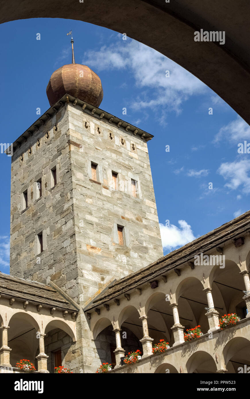 Looking at the tower of the beautiful Stockalper Palace that is located in the city of Brig in the canton of Valais, Switzerland. Stock Photo