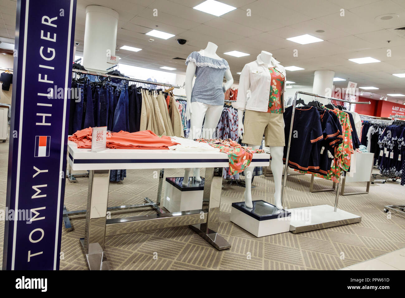 Florida,Kendall,Dadeland mall,Macy's store,inside interior,product products display sale,mannequins,Tommy Hilfiger,clothing fashion,v Stock Photo -