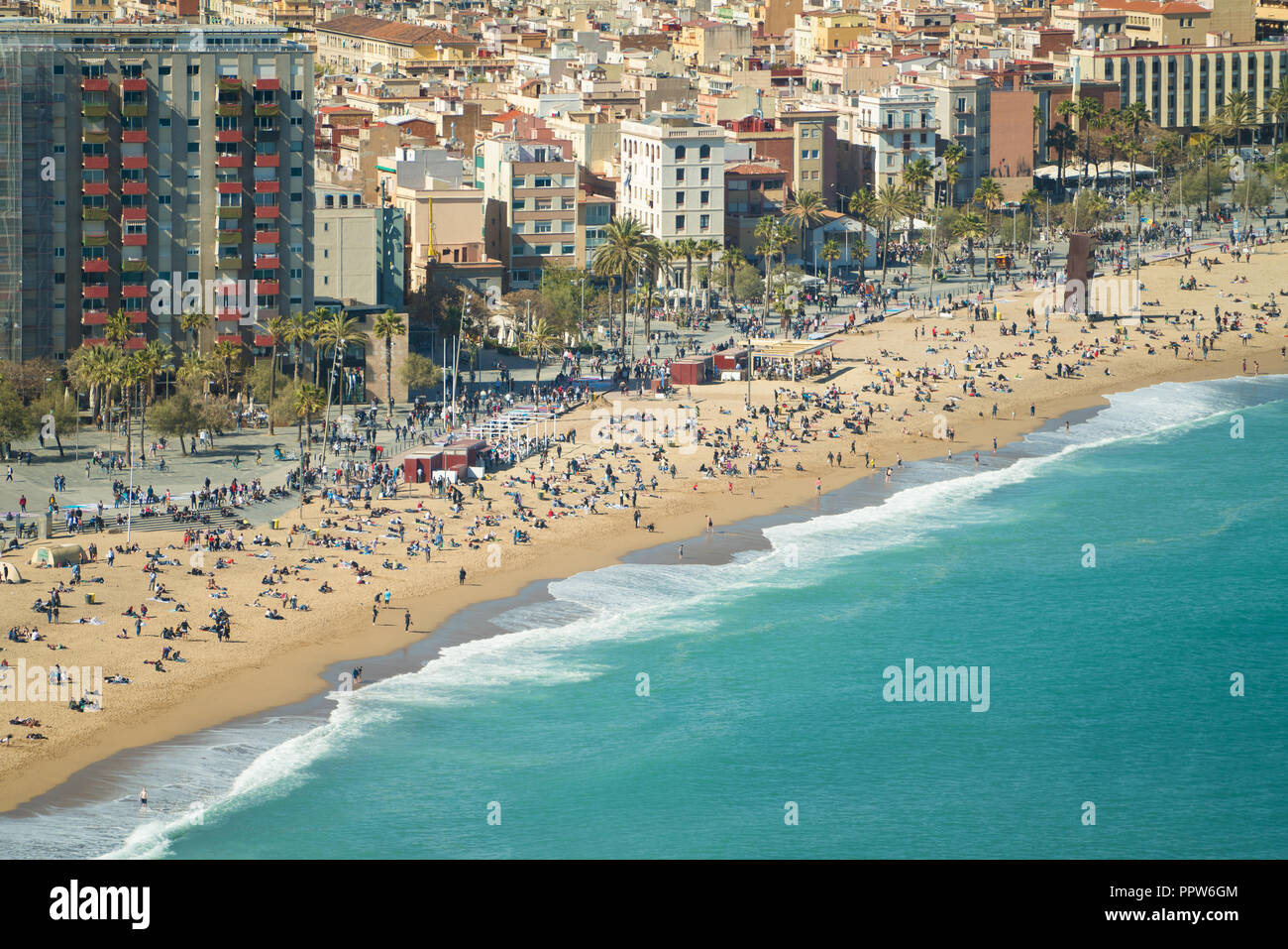 Aerial view of Barcelona, Barceloneta beach and Mediterranean sea in summer day at Barcelona, Spain. Stock Photo