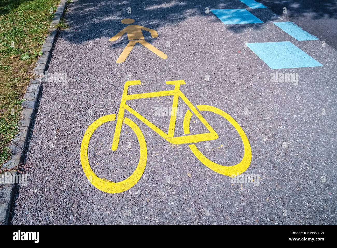 Swiss yellow road marking in Thun indicating the road is a pedestrian