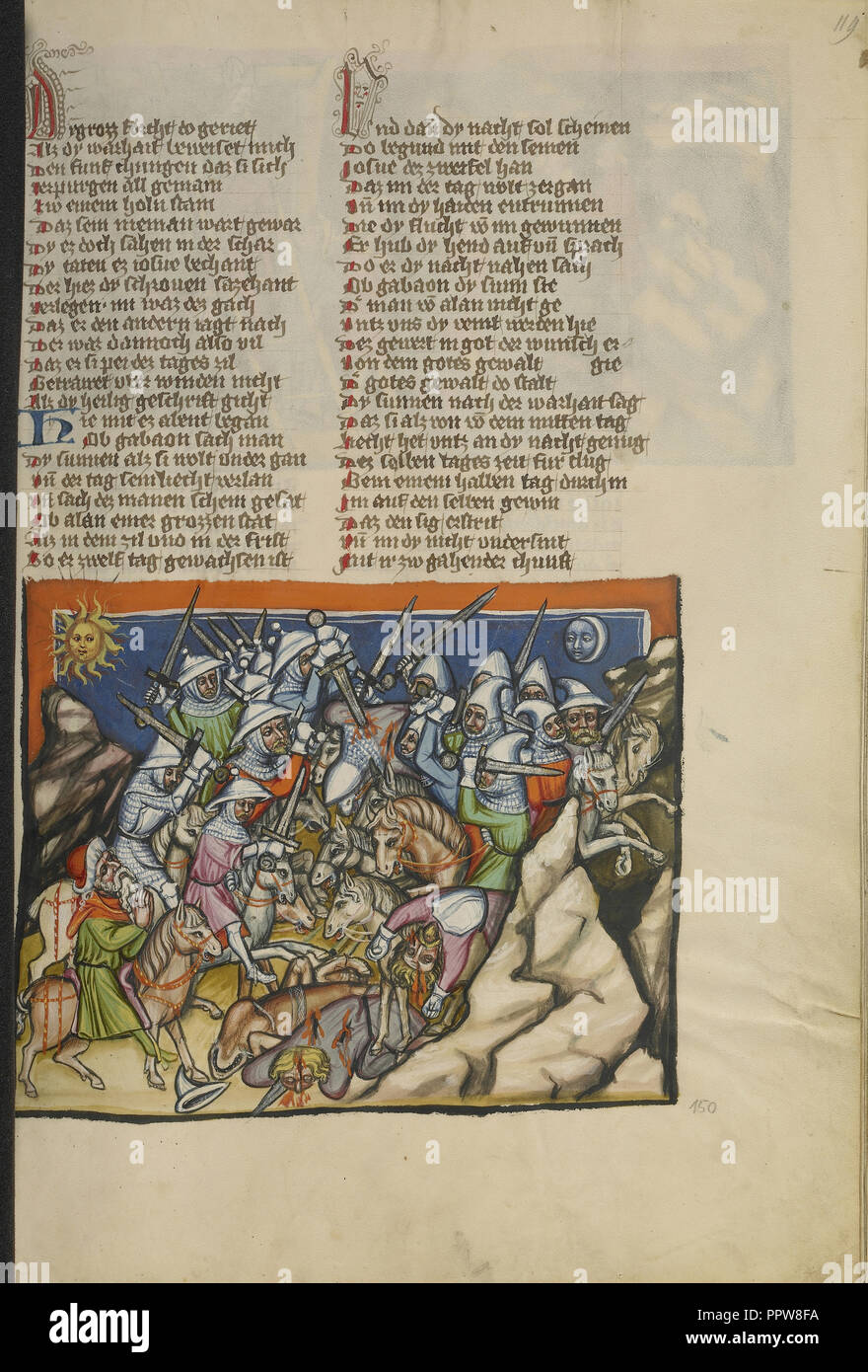 The Battle with the Five Kings of Canaan; Regensburg, Bavaria, Germany; about 1400 - 1410; Tempera colors, gold, silver paint Stock Photo