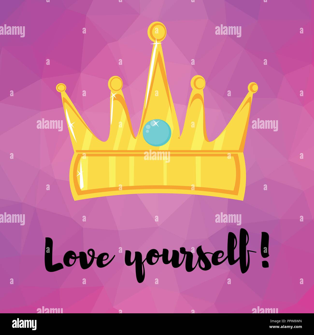 Vector illustration. Motivating phrase. Love yourself. Crown on a polygonal art background Stock Vector