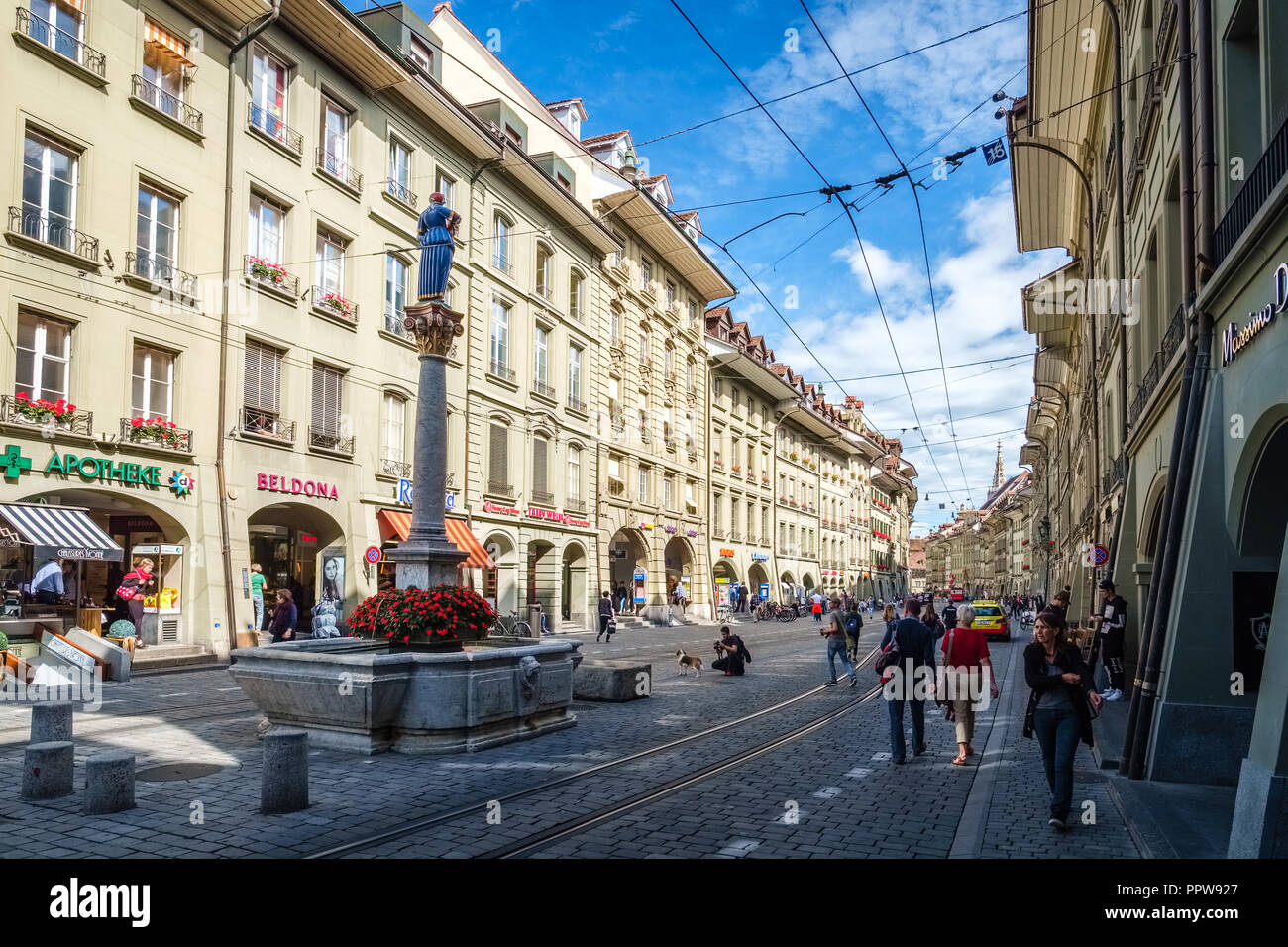 Bern, Switzerland - September 16, 2015: Photo taken in the Marktgasse in Bern, one of the principal streets in the Old City of Bern Stock Photo