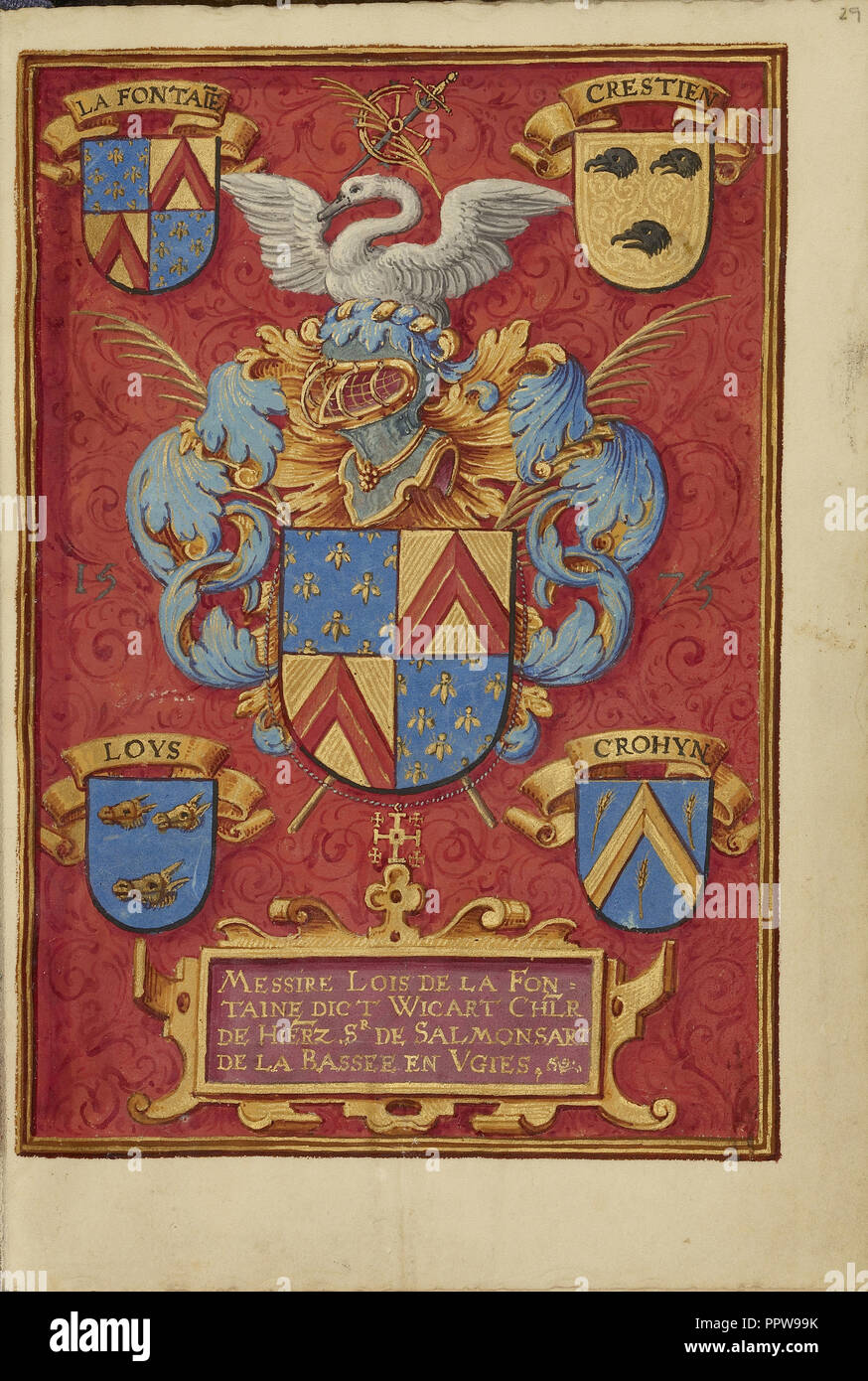 Arms of Lois de la Fontaine; Bruges, Belgium; about 1480 - 1485 ?; Tempera colors and gold on parchment; Leaf: 20.5 x 14.8 cm Stock Photo