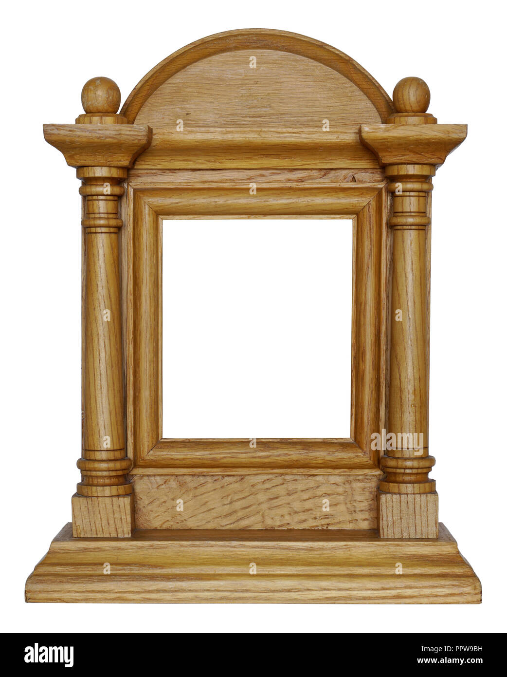Homemade wooden rustic frame for the Christian icon of Jesus and the Virgin Mary. Isolated on white Stock Photo