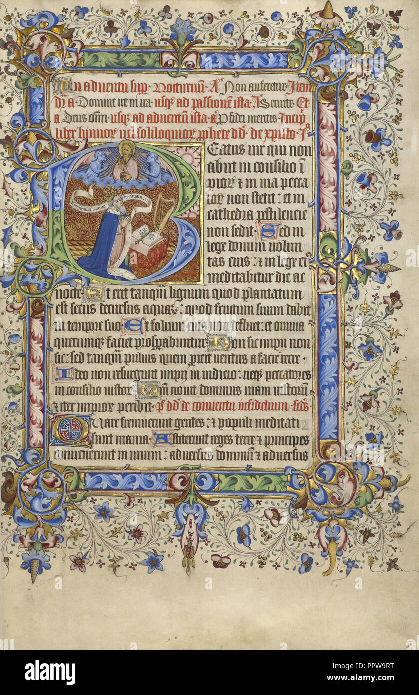 Initial B: David in Prayer; London, England; 1420–1430; Tempera colors, gold leaf, gold paint, and ink on parchment bound Stock Photo