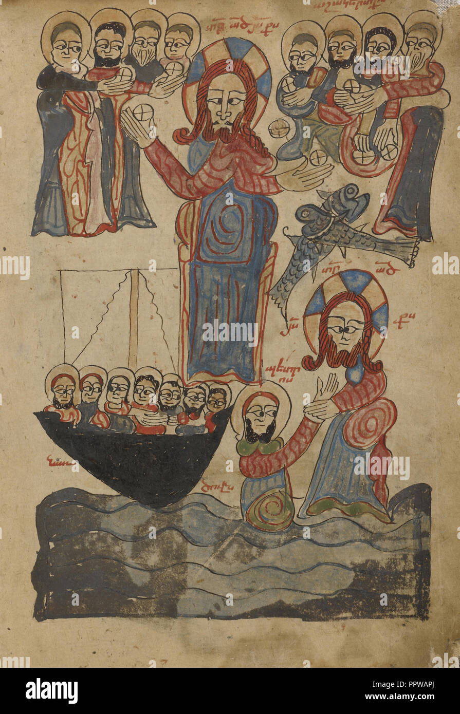 The Feeding of the Five Thousand; Jesus Walking on the Water; Lake Van, Turkey; 1386; Black ink and watercolors on paper Stock Photo