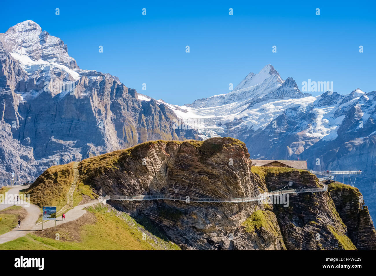 Gorgeous landscapes during the famous hiking trail from First to Grindelwald (Bernese Alps, Switzerland). Stock Photo