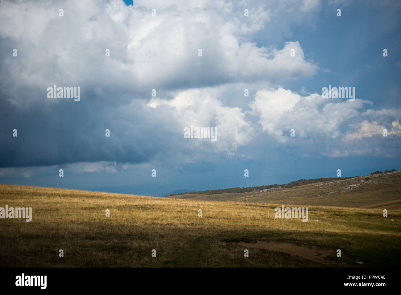 Dark stormy clouds over field Stock Photo