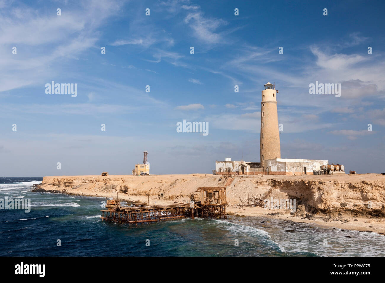 Lighthouse on Big Brother Island, Brother Islands, Red Sea, Egypt Stock Photo