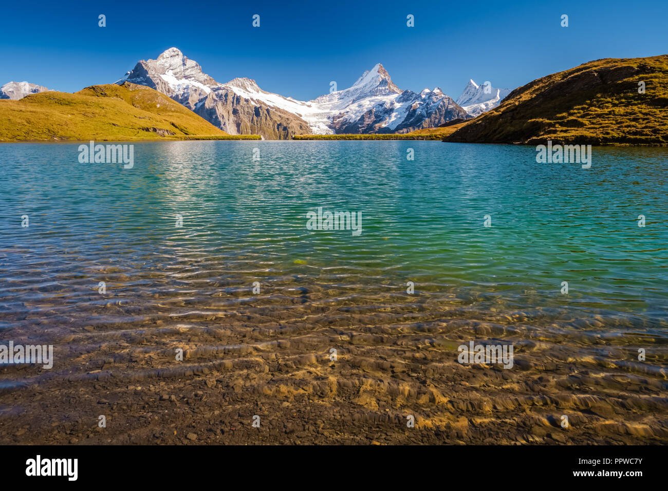 Encountering Bachalpsee during the famous hiking trail from First to Grindelwald (Bernese Alps, Switzerland). Stock Photo