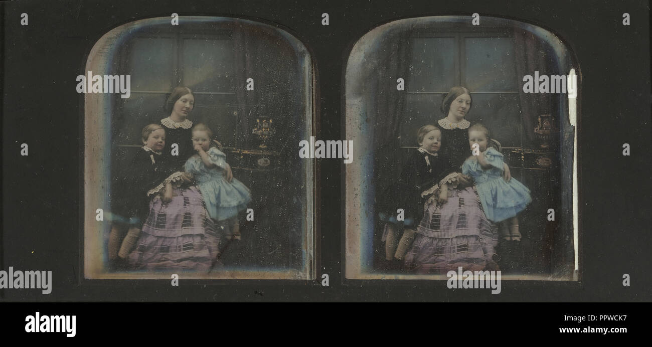 Mother posed with her young son and daughter; Antoine Claudet, French, 1797 - 1867, about 1855; Stereograph, daguerreotype Stock Photo