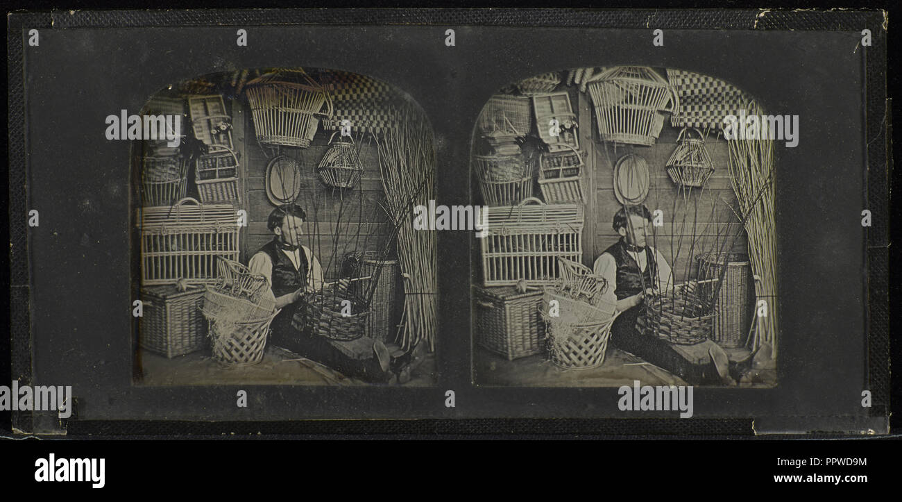 Man weaving basket; Joseph Amadio, British, active London, England about 1855, 1855 - 1858; Stereograph, Daguerreotype Stock Photo