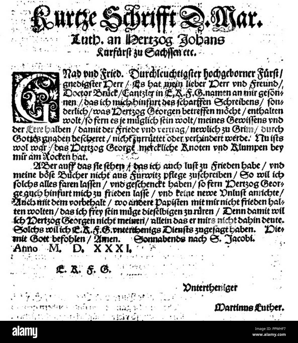 Brief Martin Luthers an Kurfürst Johann, Juli 1531. Stock Photo