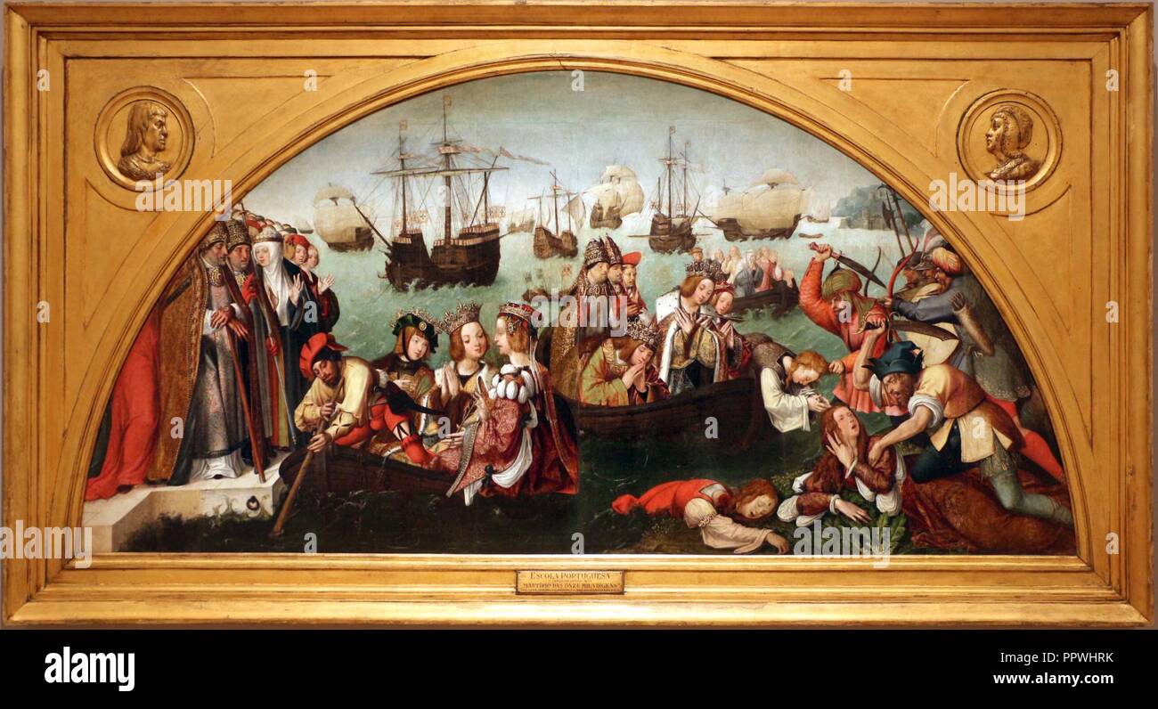 Bottega di lisbona, retablo di sant'auta, 1522-25, pellegrinaggio di s. orsola a roma e martirio delle 11.000 vergini 1. Stock Photo