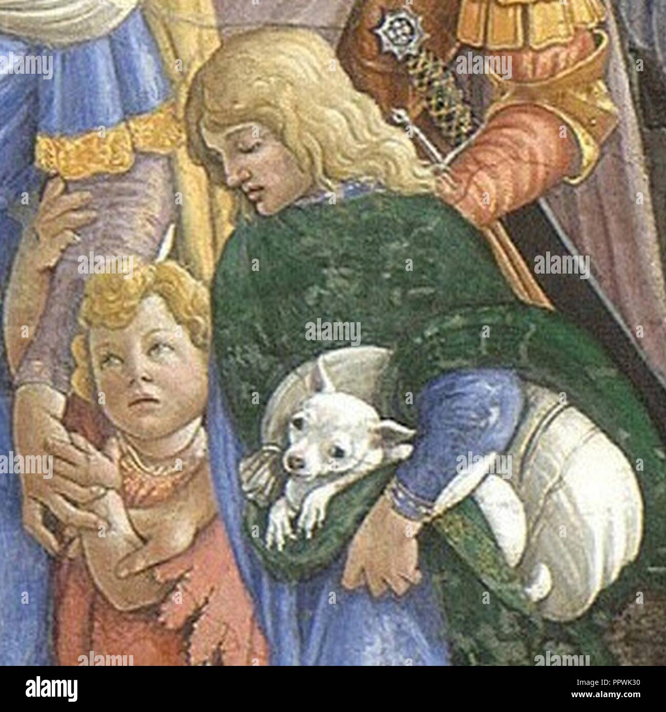 Botticelli Trials of Moses detail boy with dog. Stock Photo
