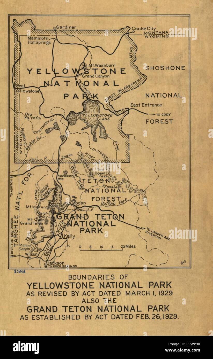 Boundaries of Yellowstone National Park as revised by act dated March 1, 1929, also the Grand Teton National Park as established by act dated Feb. 26, 1929. Stock Photo