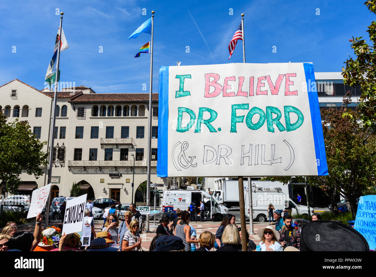 September 27, 2018 Palo Alto / CA / USA - Rally in support of Christine Blasey Ford in front of the Palo Alto City Hall; 'I believe Dr Ford & Dr Hill' Stock Photo