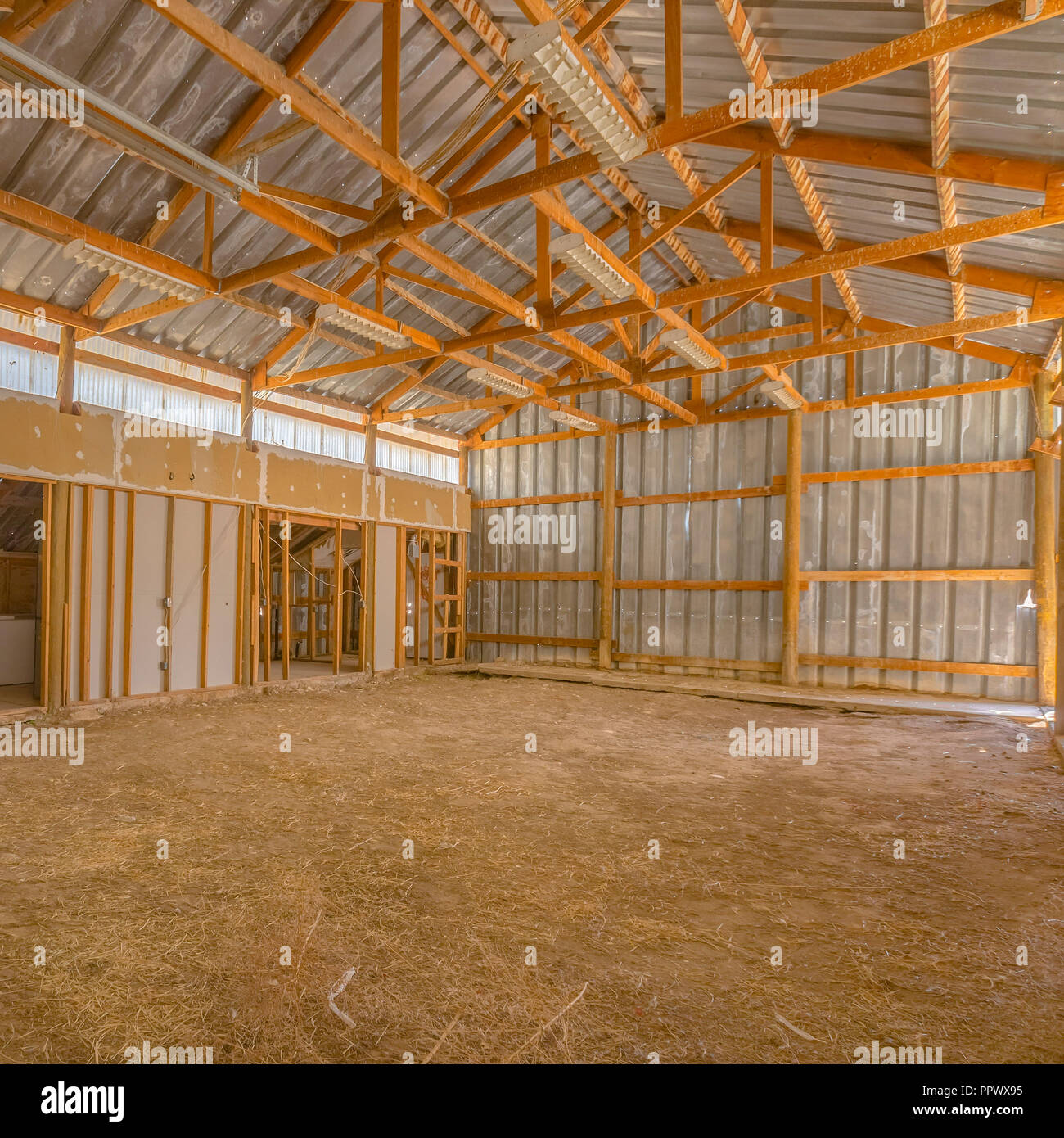 View of a Barn interior with metal roof and wall Stock Photo - Alamy