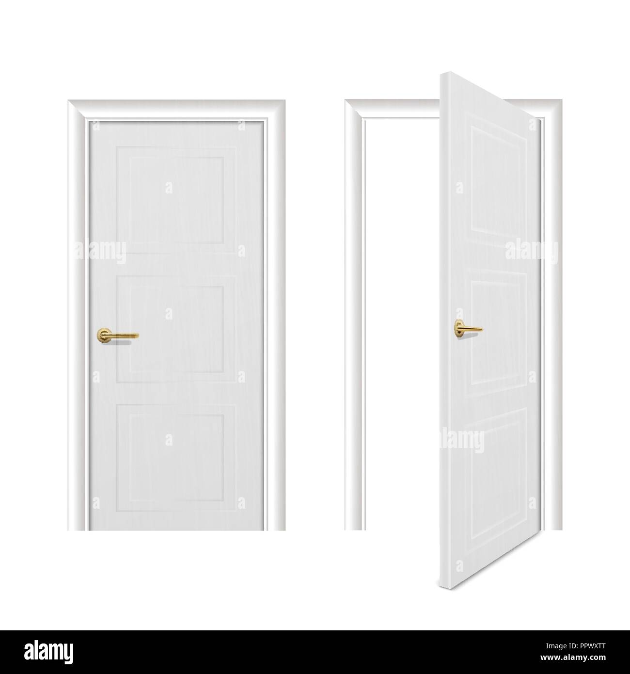 Vector realistic different opened and closed white wooden door icon set ...