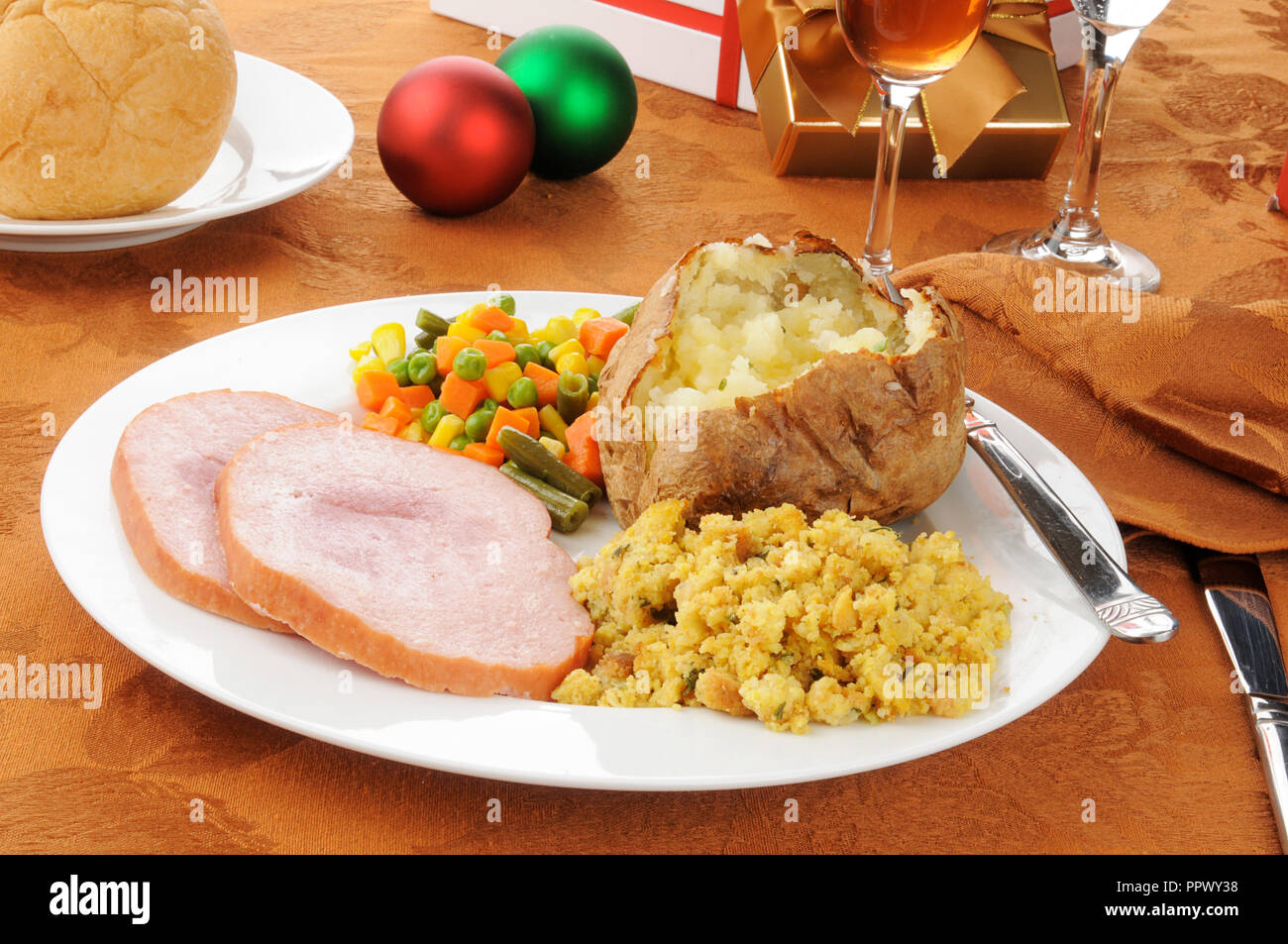 Christmas dinner with ham and stuffing Stock Photo Alamy