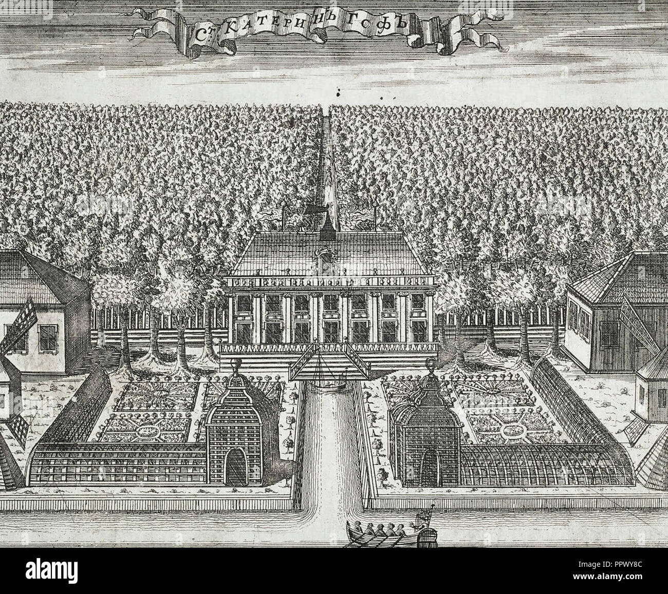 View of Catherinehof, Etching with line engraving, circa 1716. Ekaterinhof or Catherinehof is a historic district in the south-west of St Petersburg, Russia. Its name originated in 1711, when Peter the Great presented the Ekanerinhof Island and adjacent lands along the Ekateringofka River to his wife Catherine, whose name they memorialize. Stock Photo
