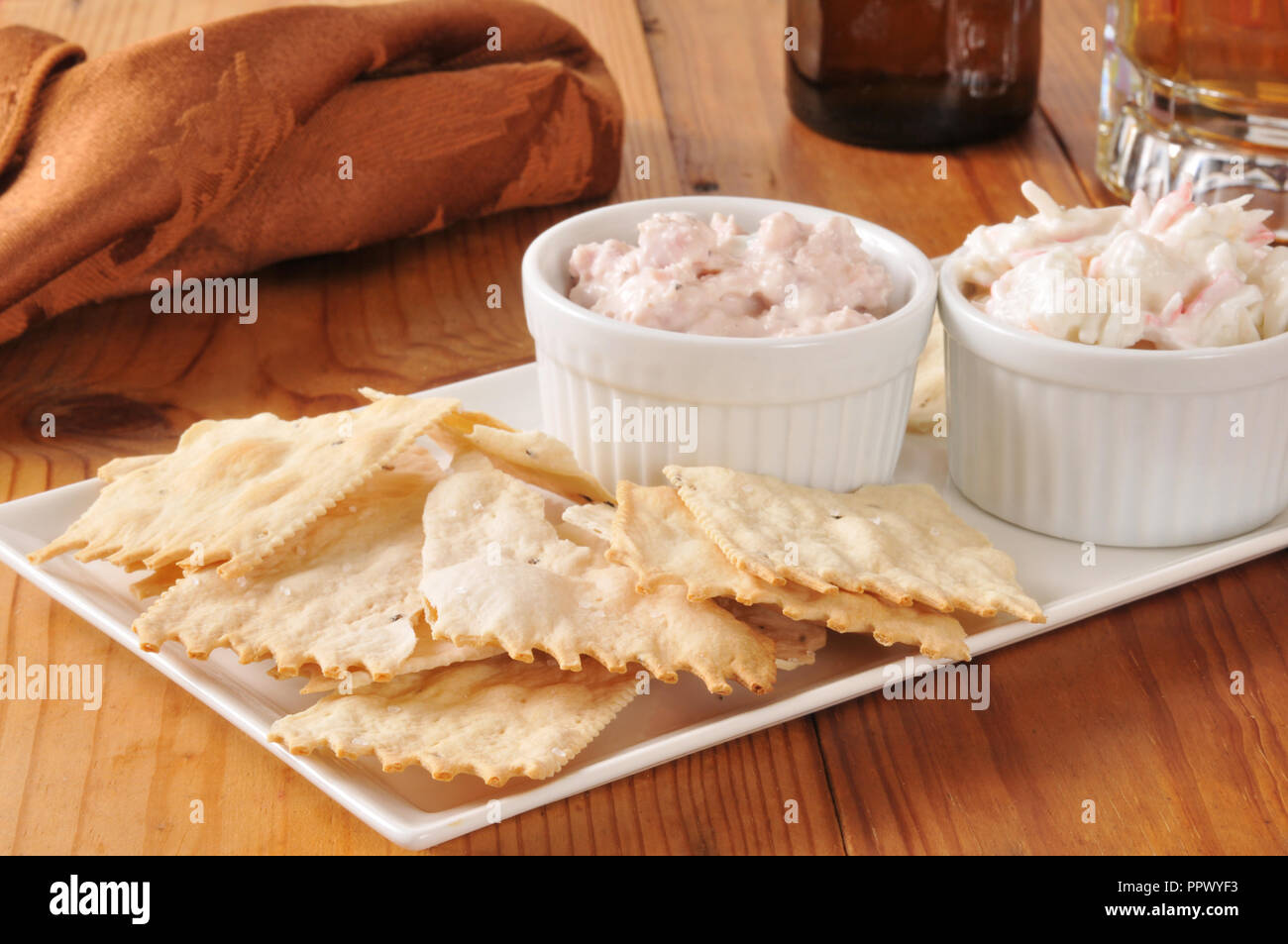 Gourmet flatbread crackers with crab and ham spreads Stock Photo Alamy