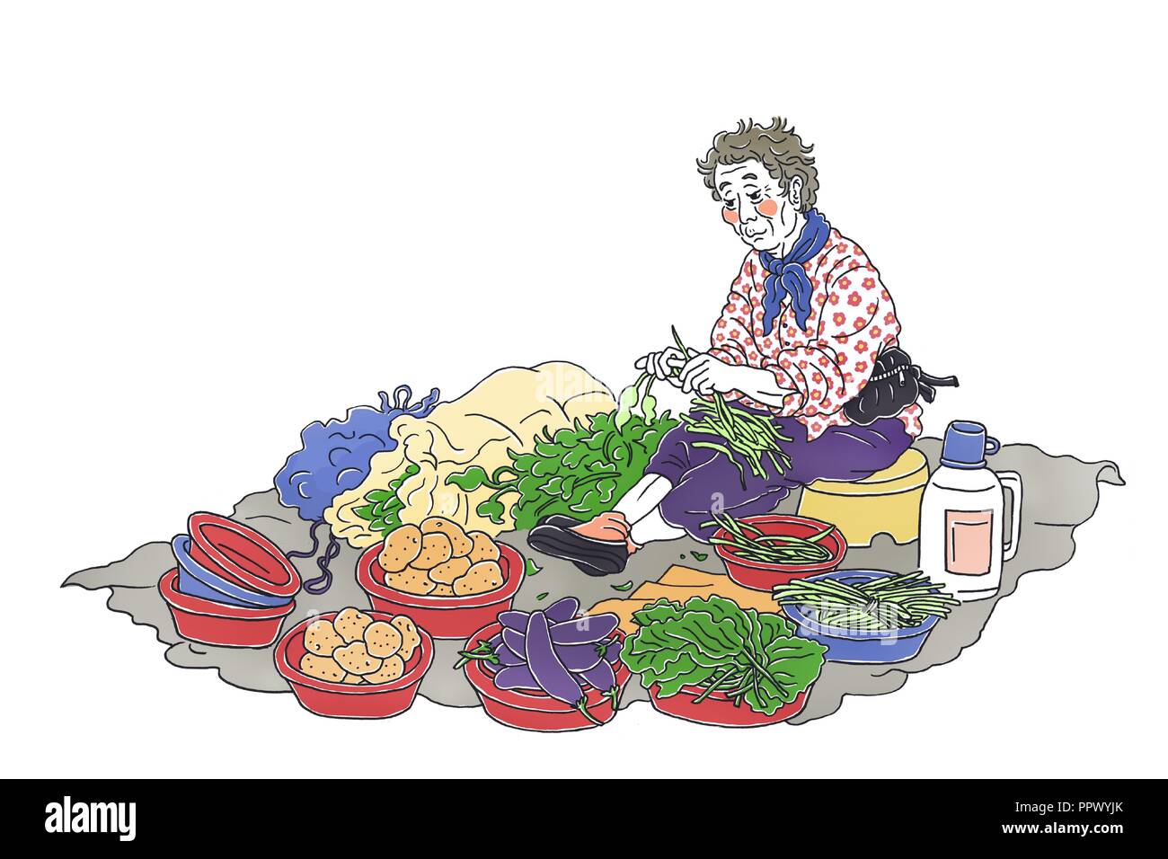 Vector - Korea’s traditional market merchants,  Vintage hand drawn illustration. 001 Stock Vector