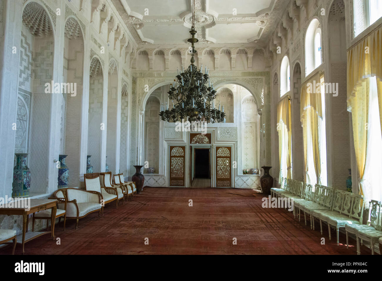 Amazing beautiful white room in the summer residence of the last Emir of Bukhara, Uzbekistan. Stock Photo