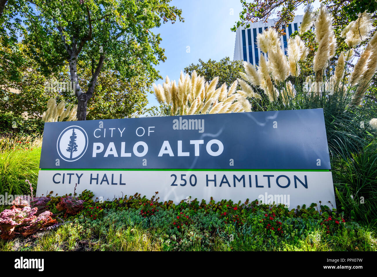 September 27, 2018 Palo Alto / CA / USA - 'City of Palo Alto' sign in front of the City Hall building Stock Photo