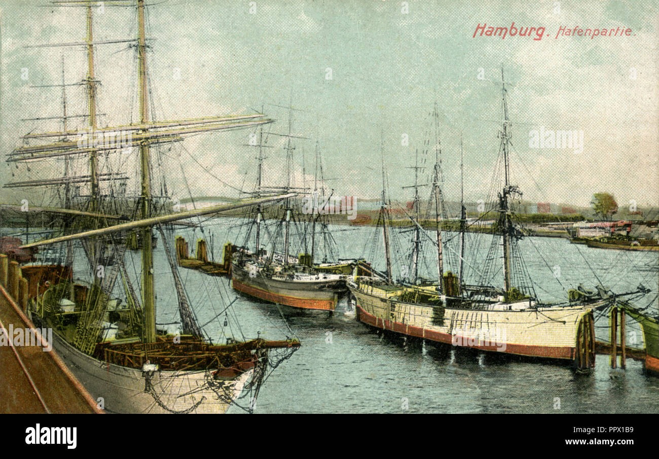 Hamburg: Port area with sailing ships, 1910 Stock Photo - Alamy