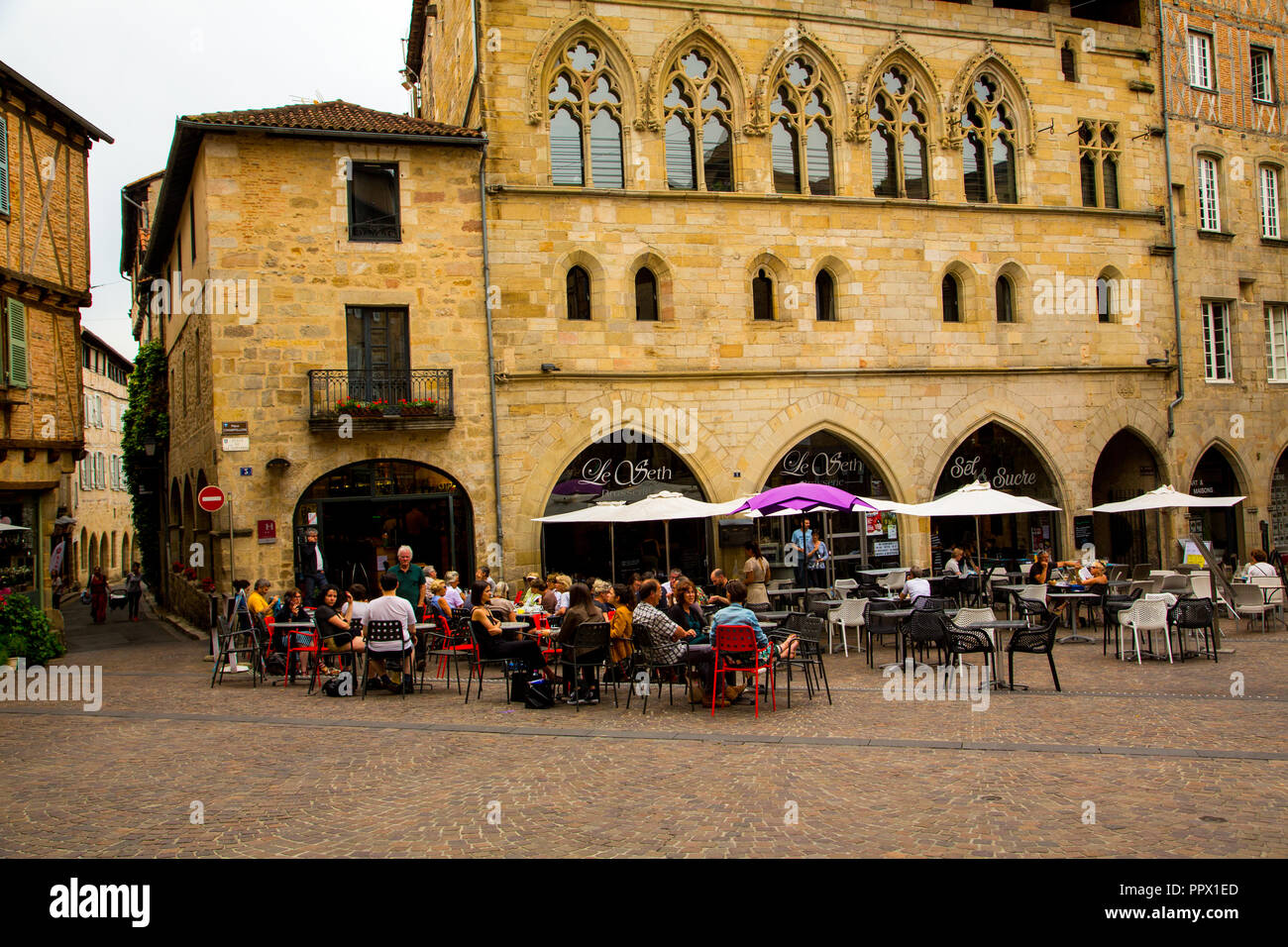 Cafe in historic Place Champollion in Figeac France. Stock Photo