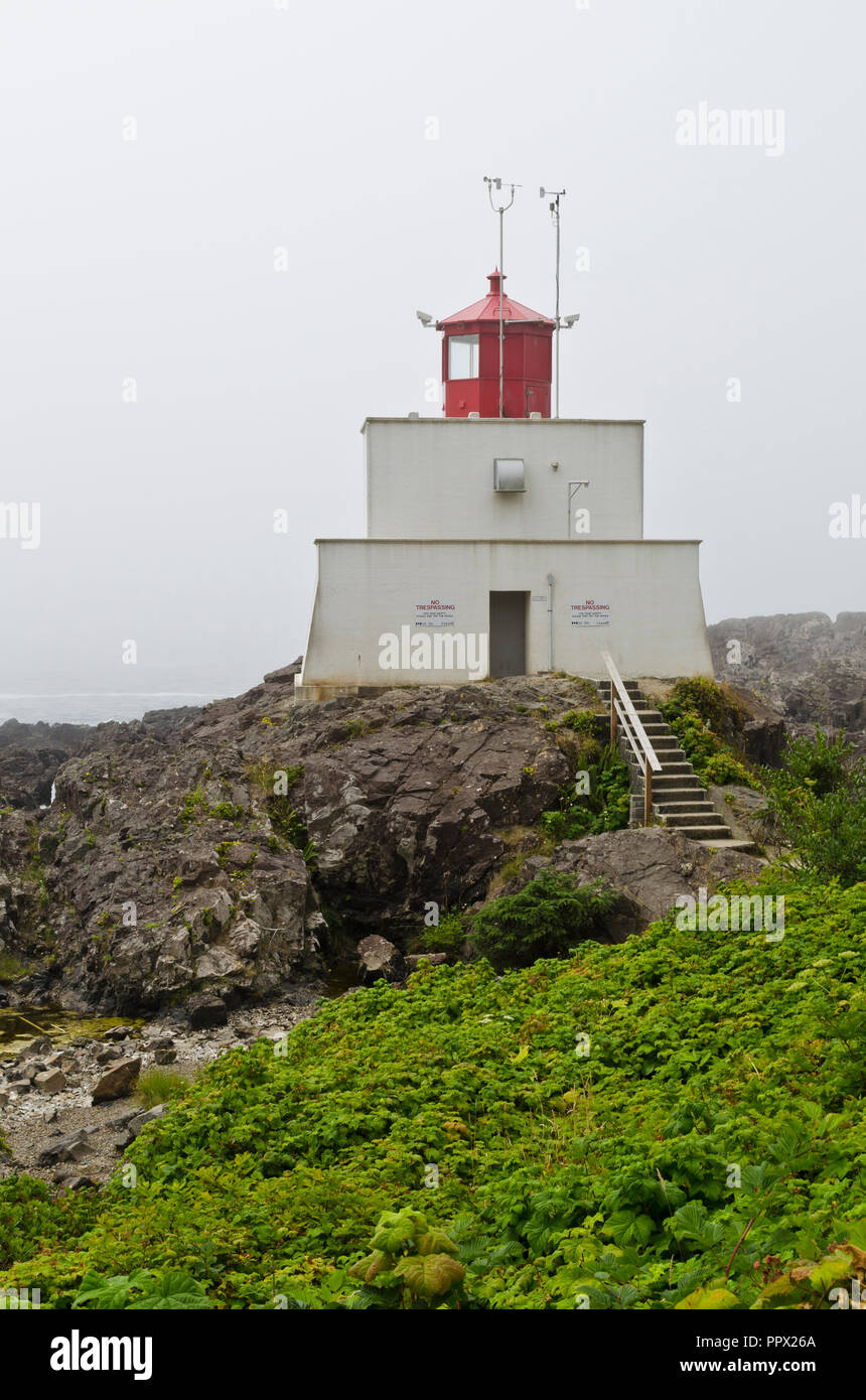 Amphitrite Point Lighthouse in Ucluelet, British Columbia, Canada.  On the West Coast of Vancouver Island. Stock Photo