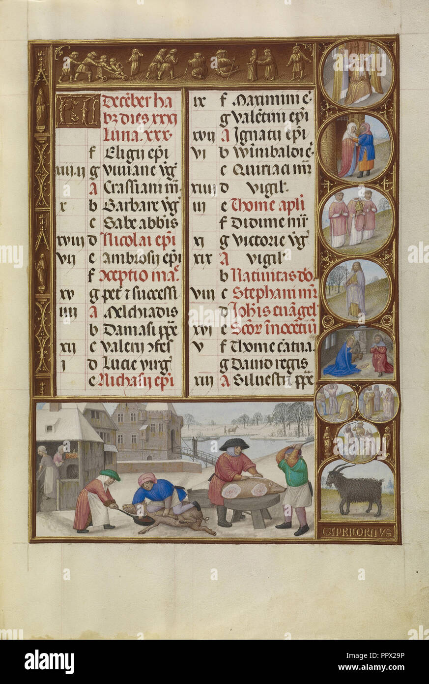 Slaughtering of Pigs; Zodiacal Sign of Capricorn; Workshop of the Master of James IV of Scotland, Flemish, before 1465 - Stock Photo