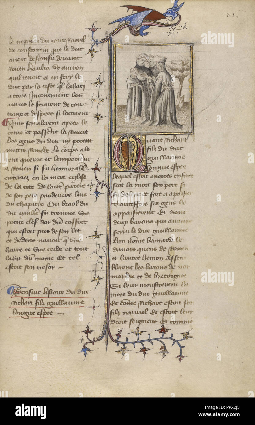 Richard I with Two Barons and his Mother; Paris, France; about 1400 - 1415; Leaf: 29.1 x 19.1 cm, 11 7,16 x 7 1,2 in Stock Photo