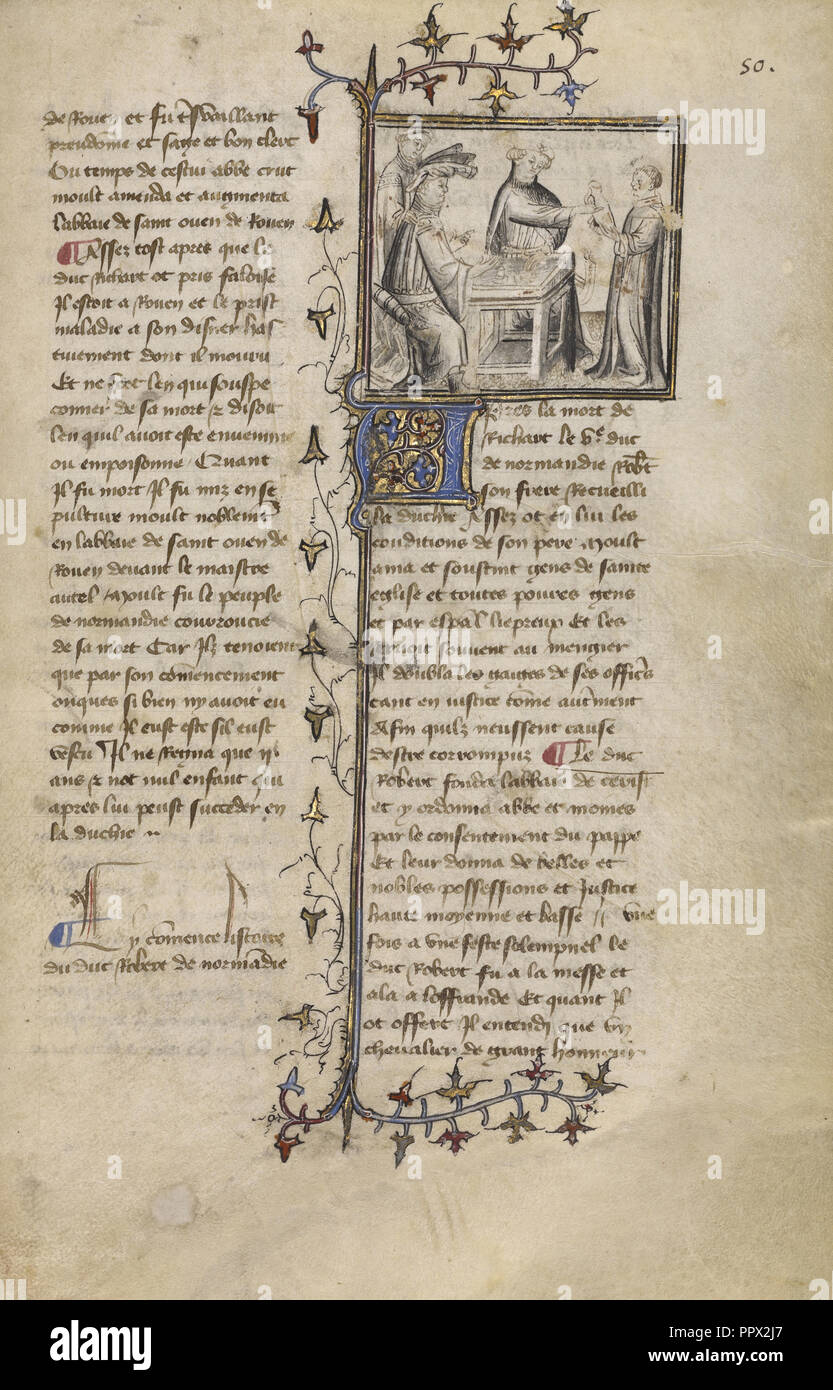 Robert I and a Presentation of a Hawk; Paris, France; about 1400 - 1415; Leaf: 29.1 × 19.1 cm, 11 7,16 × 7 1,2 in Stock Photo