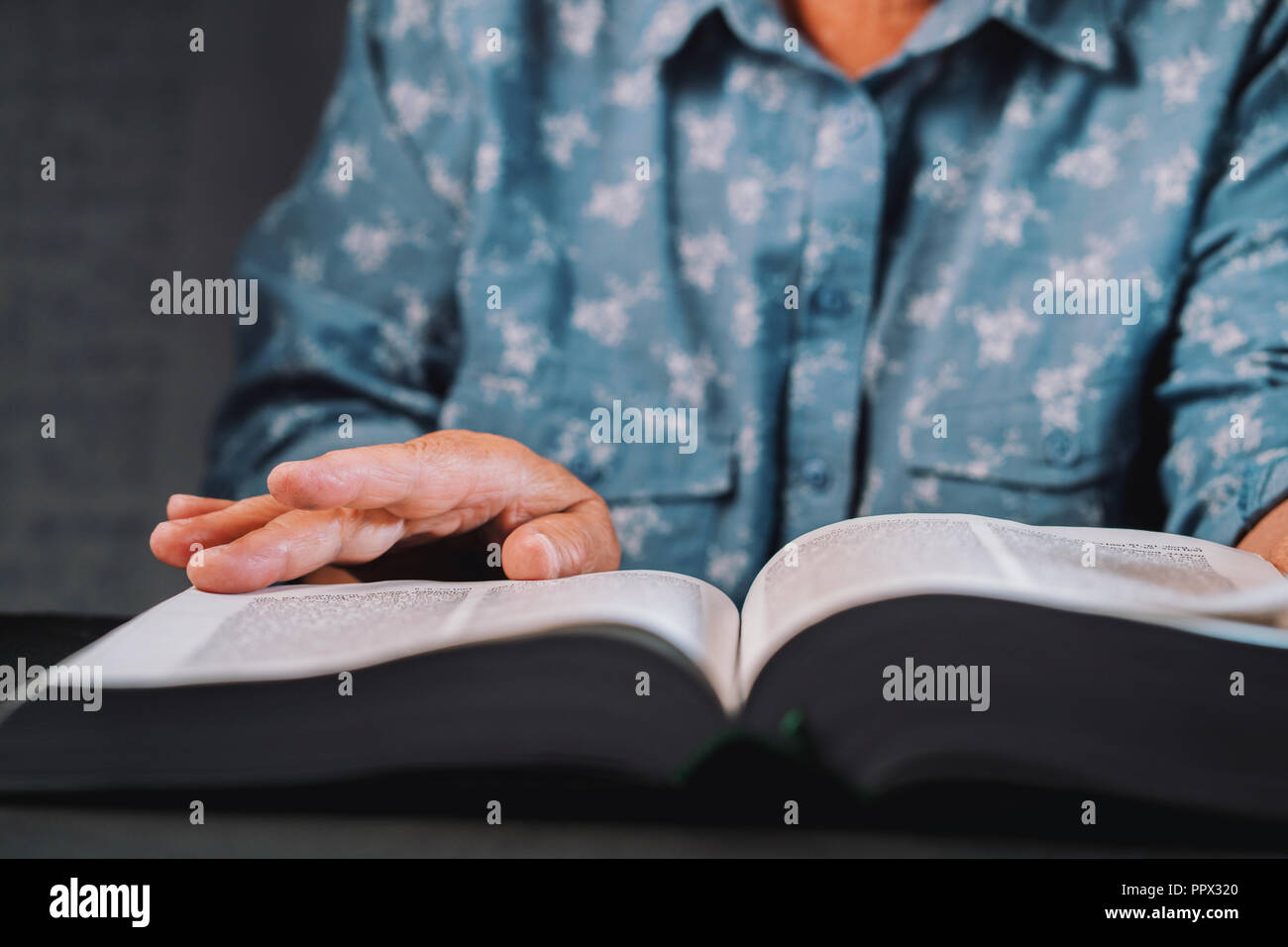 Old woman flipping through pages of book. Grandmother with Bible. Concentrated elderly pensioner with wrinkles on hands looking for information in the library Stock Photo
