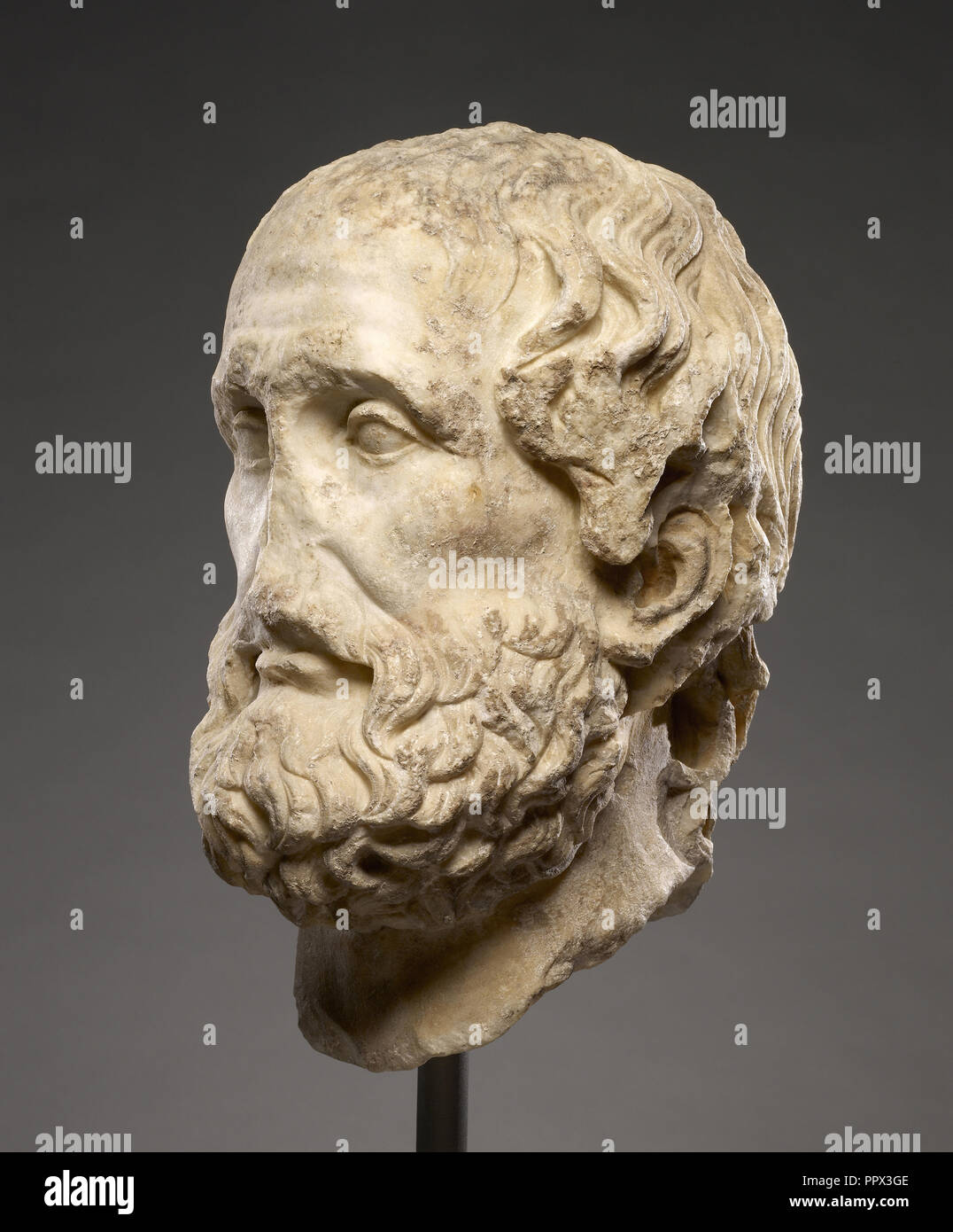 Portrait Head of Euripides; Unknown, After an original by Lysippos; Lesbos, Greece; 2nd century; Marble; 34 cm, 13 3,8 in Stock Photo