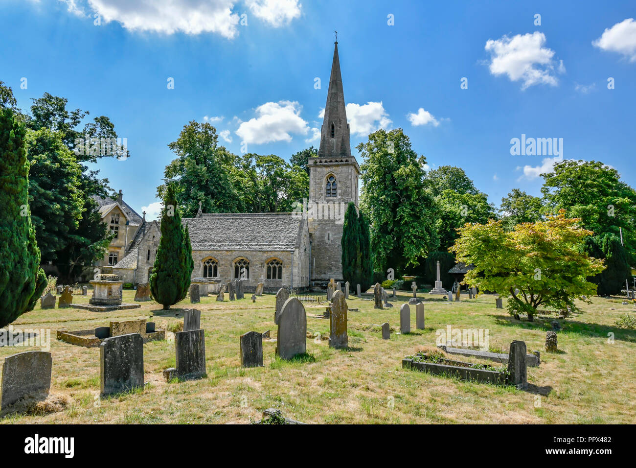 The Parish Church of Saint Mary Lower Slaughter is located in Lower Slaughter, Gloucestershire. England UK. The 13th century Anglican parish church is Stock Photo